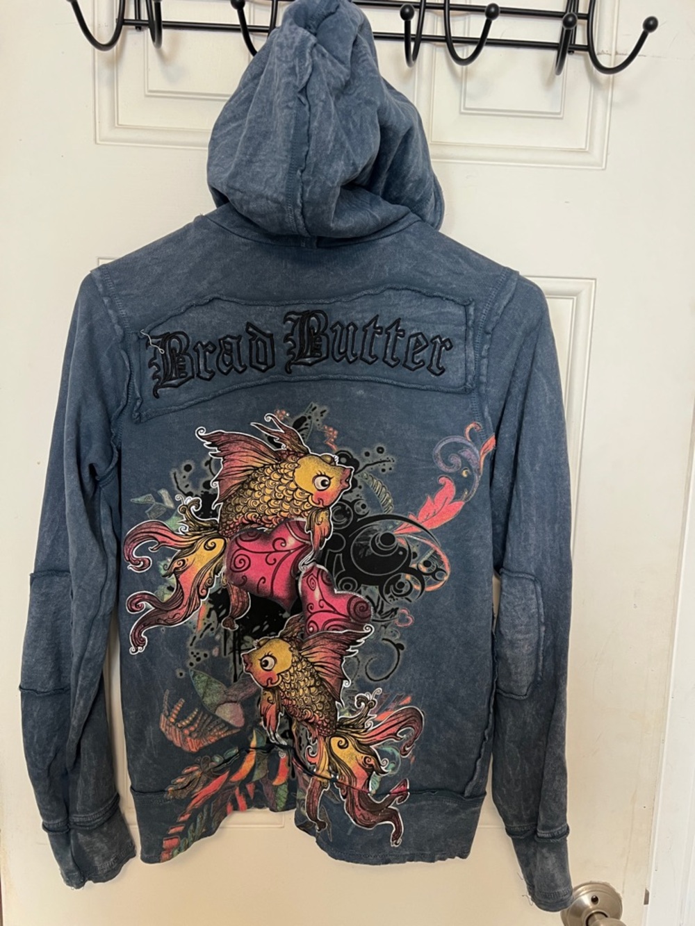 Brad Butter Blue Zip Hoodie with Multicolor Koi & Floral Artwork - Picture 3 of 3